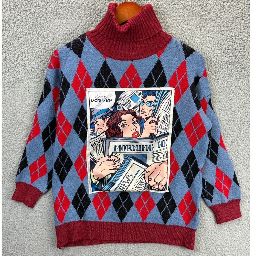 Argyle Comic Pop Art Turtleneck Sweater Womens M Blue Graphic Chunky Knit Retro
